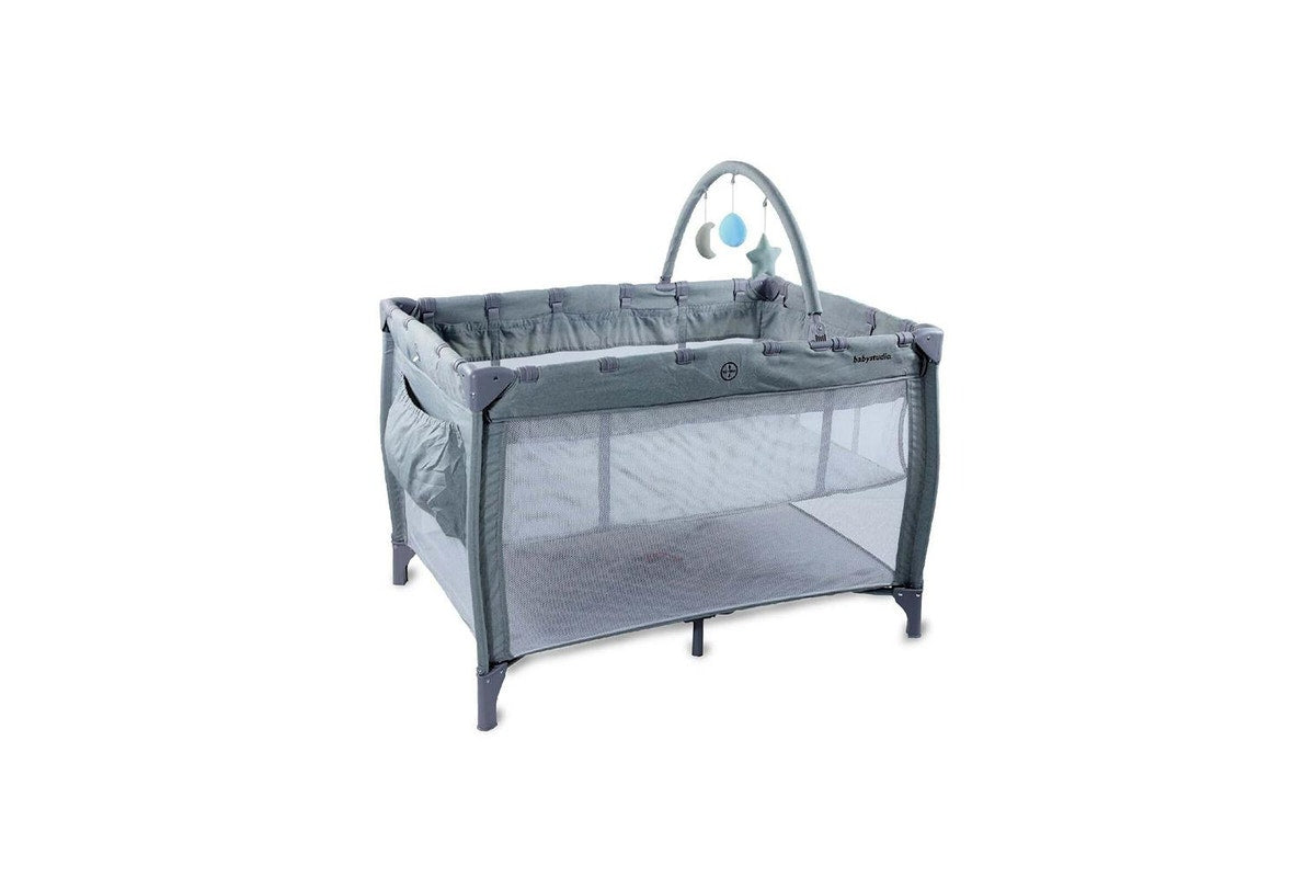 Babystudio 3-in-1 Portacot Play Yard Travel Cot Crib w Toy Bar Mattress Grey
