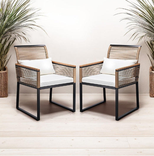 Groverdi 2ps Rattan Outdoor Dining Chairs w/Cushion Armrests Steel Frame, Wood