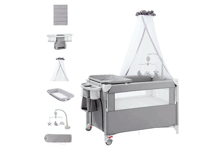 Advwin 4 in 1 Foldable Baby Portacot with Diaper Changer Bedside Crib with Mattress Baby Bassinet Playard with Musical Bell Hanging Toy Storage Basket Lockable Wheels