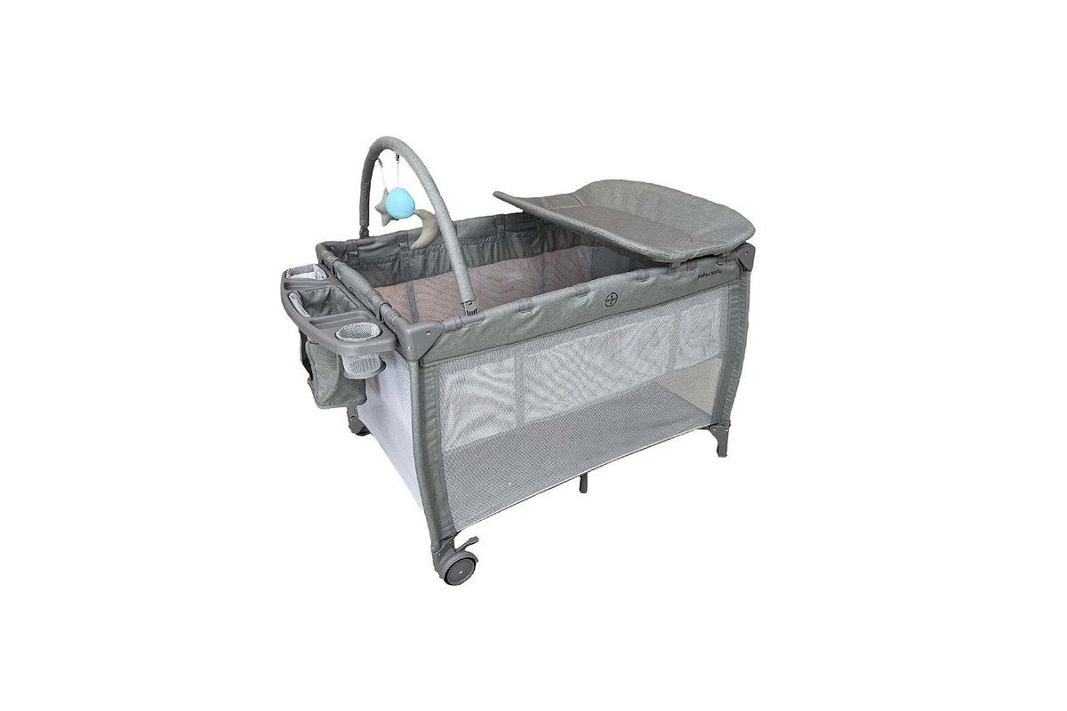 Babystudio 8-in-1 Portacot Play Yard Travel Cot Crib w Toy Bar Mattress Grey