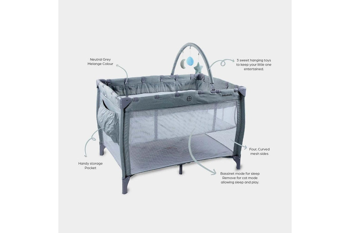 Babystudio 3-in-1 Portacot Play Yard Travel Cot Crib w Toy Bar Mattress Grey