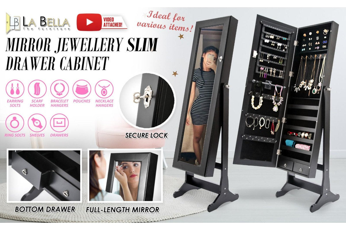 Black Mirror Jewellery Cabinet LOWE 146cm Organiser 2 Drawers