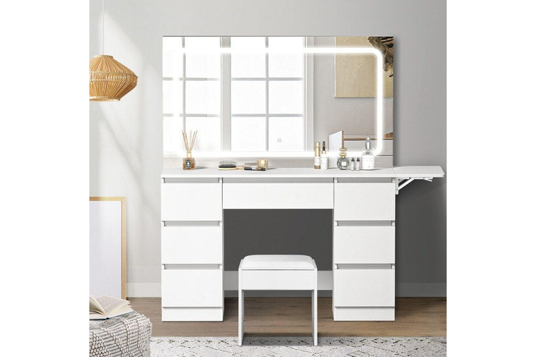 Oikiture Dressing Table Stool Set LED Makeup Mirror 7 Drawers White