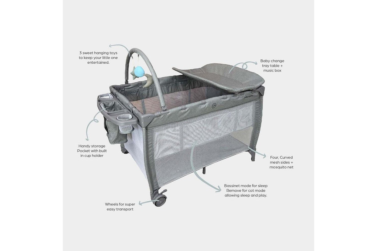 Babystudio 8-in-1 Portacot Play Yard Travel Cot Crib w Toy Bar Mattress Grey