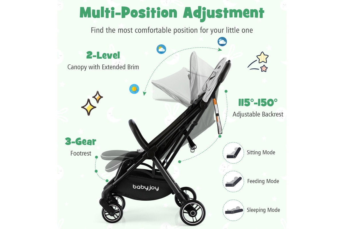 Giantex Folding Infant Stoller Portable Baby Stroller w/ Adjustable Canopy Self-Standing Gravity Folding Design Grey