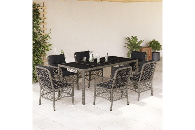 7 Piece Garden Dining Set with Cushions Grey Poly Rattan vidaXL