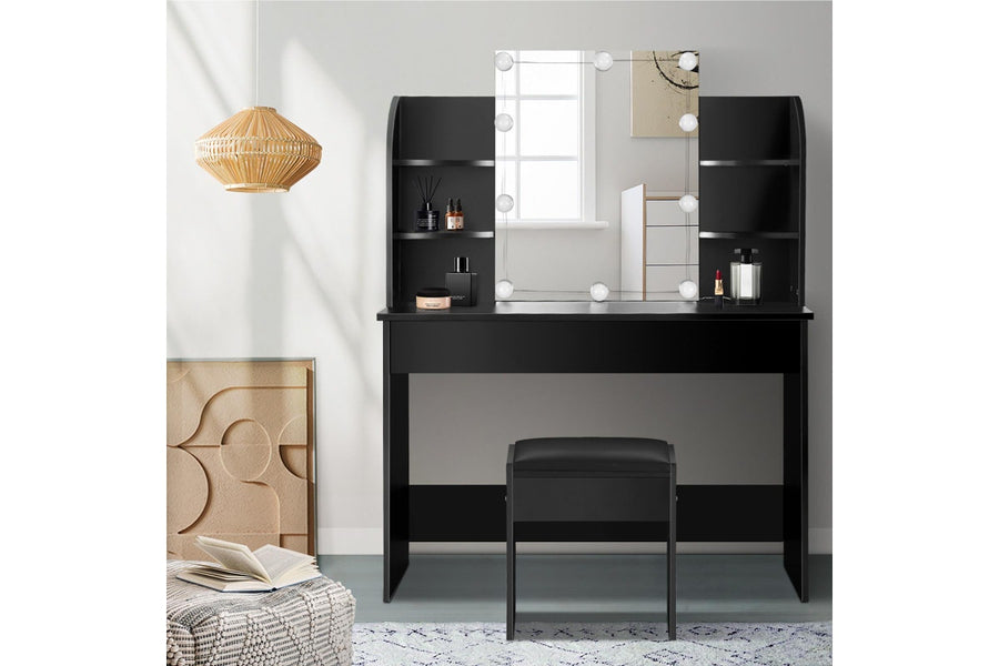 Oikiture Dressing Table Stool Mirror 10 LED Bulbs(Black)