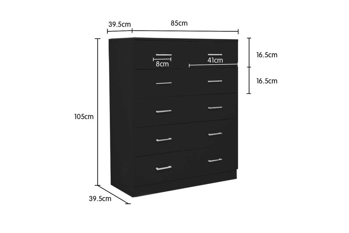 Tallboy Dresser 6 Chest of Drawers Cabinet 85 x 39.5 x 105 - Black
