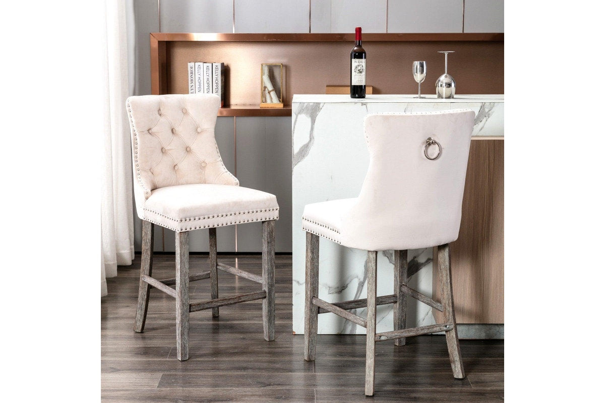 4X Velvet Bar Stools With Studs Trim Wooden Legs Tufted Kitchen Dining Chairs