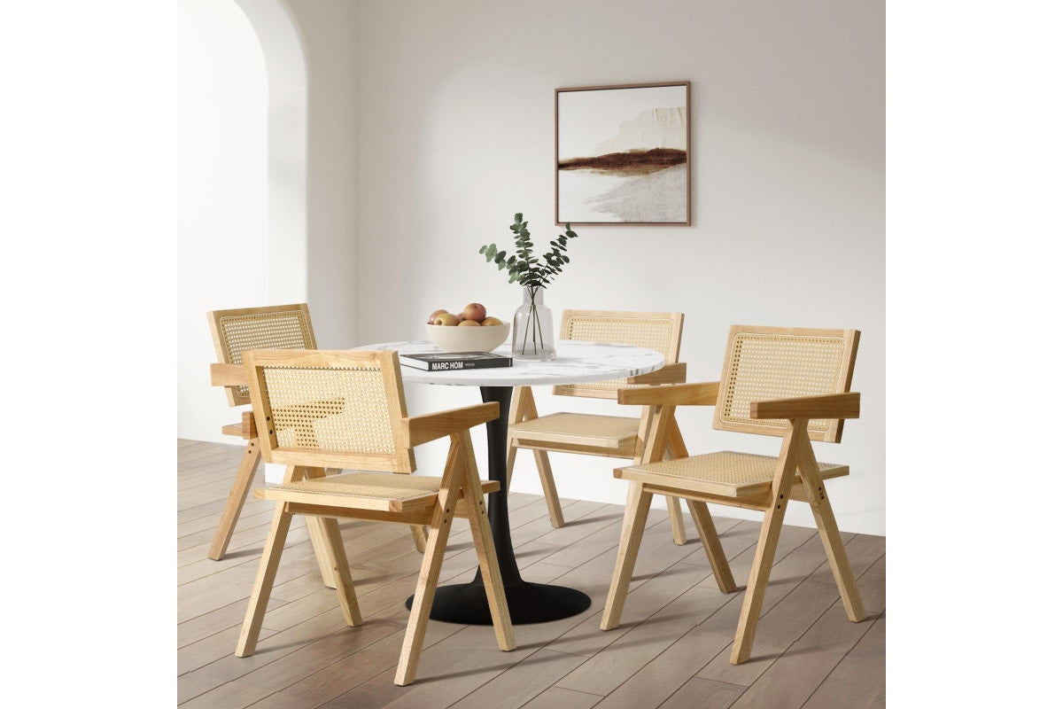 Oikiture 4x Dining Chairs Rattan Chair Wooden Accent Chair Natural