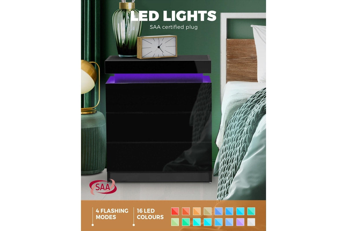 Oikiture Bedside Tables Set of 2 LED Nightstand Black