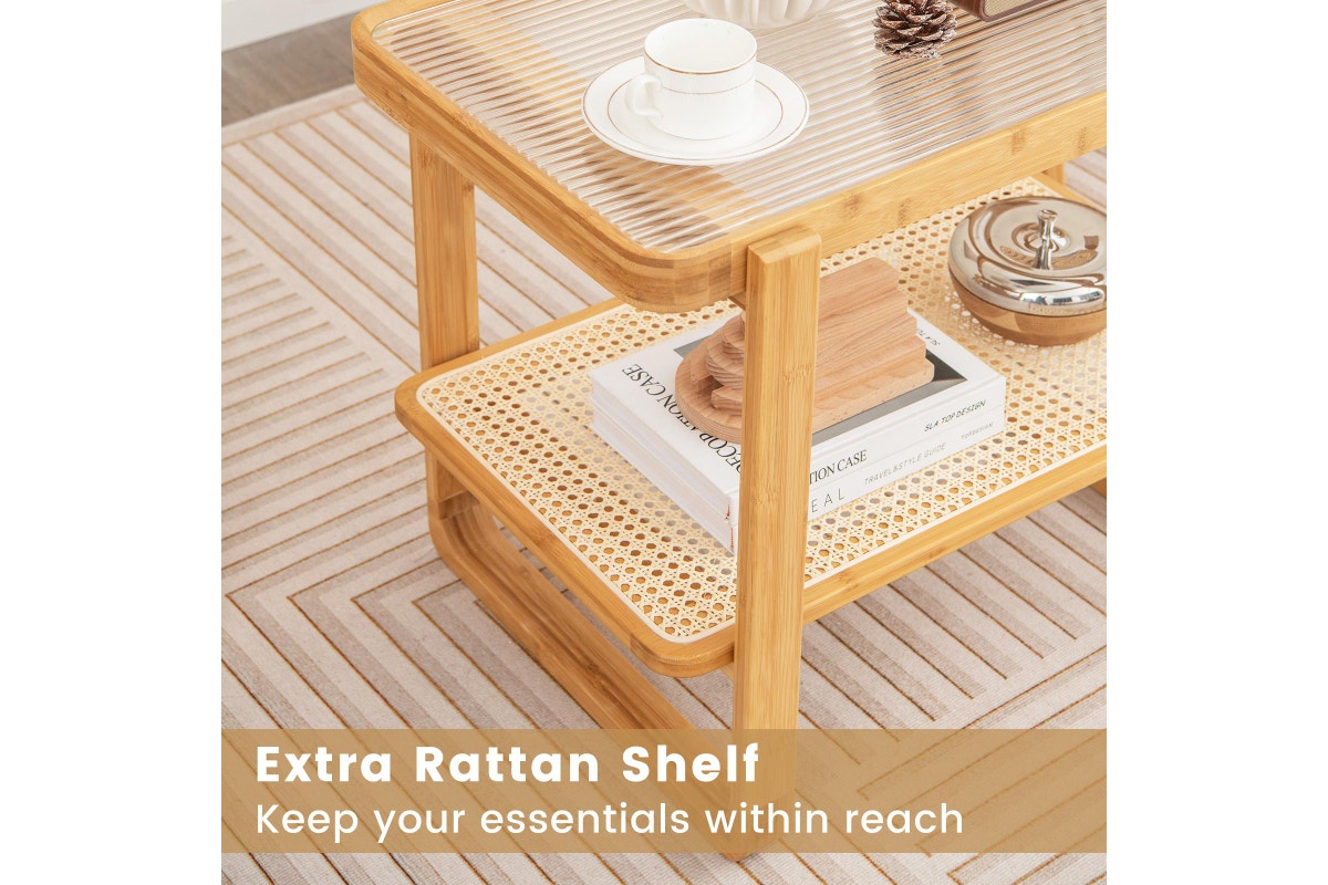 Giantex 2-Tier Bamboo Bedside Table Compact End Table Sofa Side Table w/Glass Tabletop & Rattan Shelf, Natural