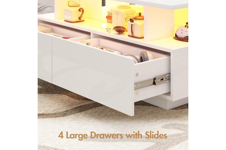 Advwin LED Coffee Table with 4 Storage Drawers Rectangle High Gloss Central Table with Open Display Shelf White