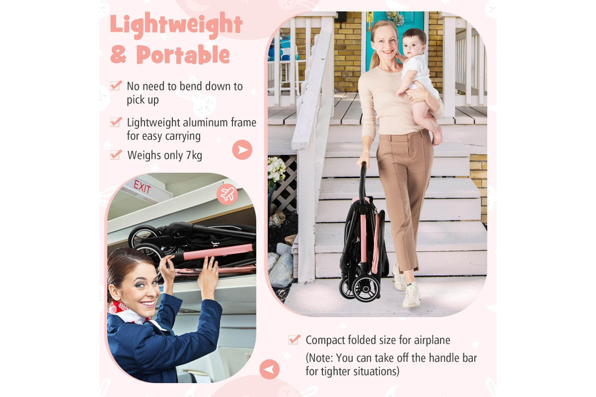 Costway Folding kid Stoller Portable kid Stroller w/Adjustable Canopy Gravity Self-Standing Pink