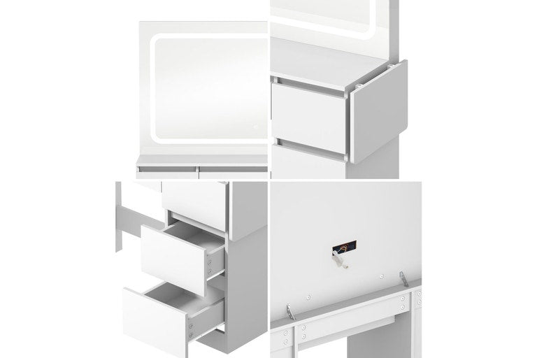 Oikiture Dressing Table Stool Set LED Makeup Mirror 7 Drawers White