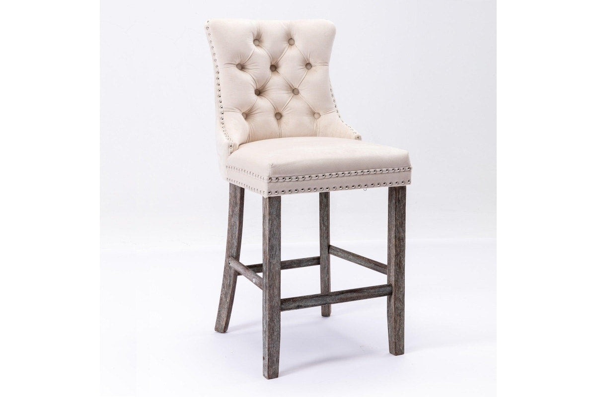 4X Velvet Bar Stools With Studs Trim Wooden Legs Tufted Kitchen Dining Chairs