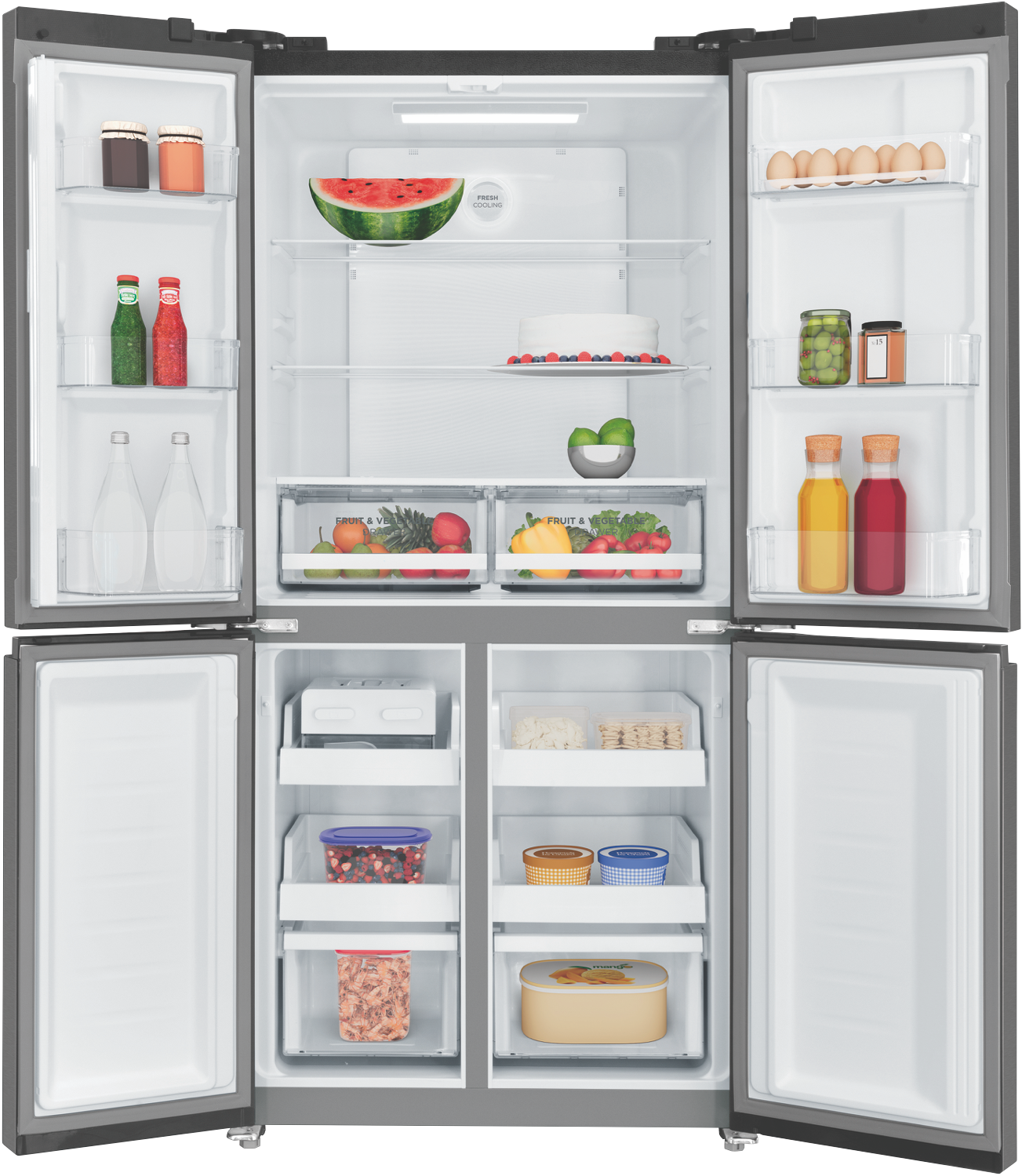 Westinghouse 496L Quad Door Refrigerator WQE4900BA - interior open with food