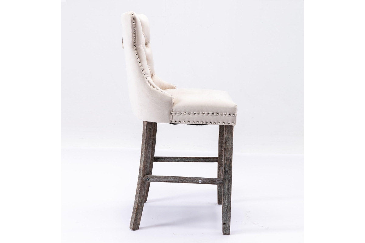 4X Velvet Bar Stools With Studs Trim Wooden Legs Tufted Kitchen Dining Chairs