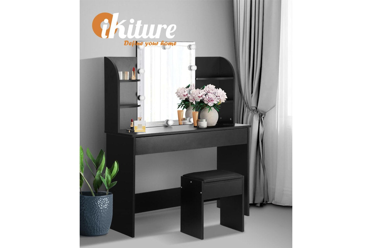 Oikiture Dressing Table Stool Mirror 10 LED Bulbs(Black)