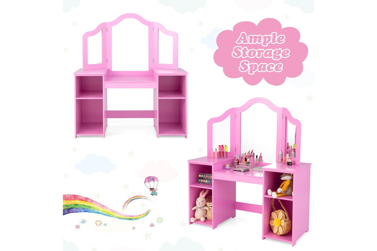 Giantex 2-in-1 Kids Vanity Table and Chair Set Makeup Dressing Table w/Mirror Children Study Writing Desk Pink