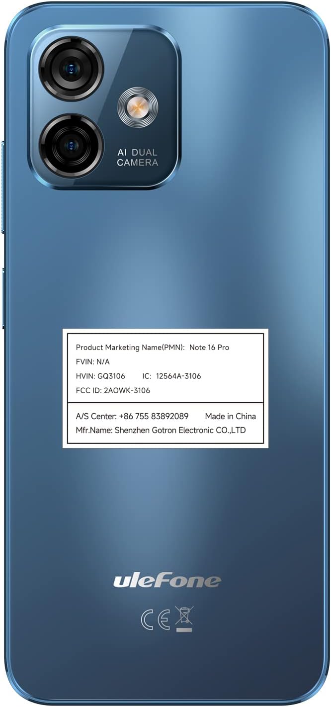 Ulefone Note 16 Pro (12GB+128GB) Unlocked Smartphone, 50MP Main Camera Unlocked Cell Pones, Android 13 6.52” Waterdrop Screen, 8-Core Processor, 4400mAh, NFC Dual 4G Mobile Phone-Blue Version