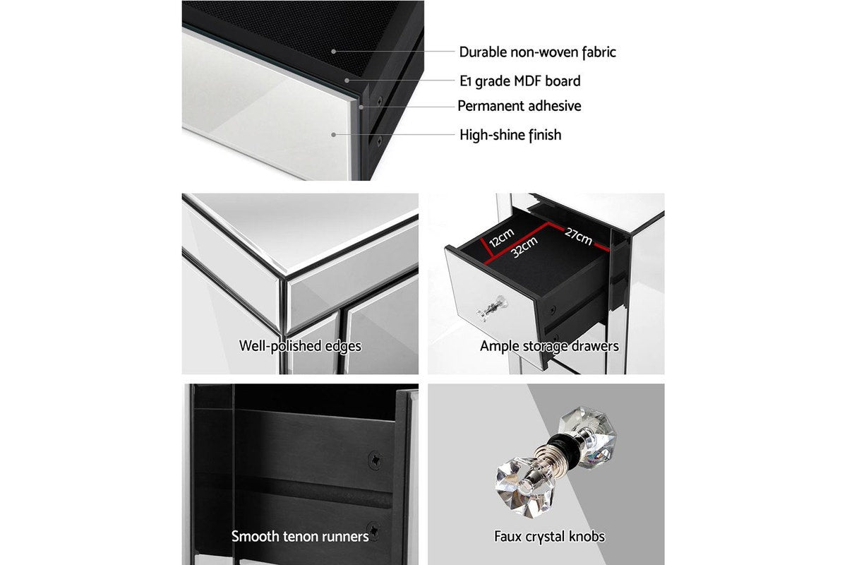 Mirrored Bedside Table Drawers Furniture Mirror Glass Presia Silver