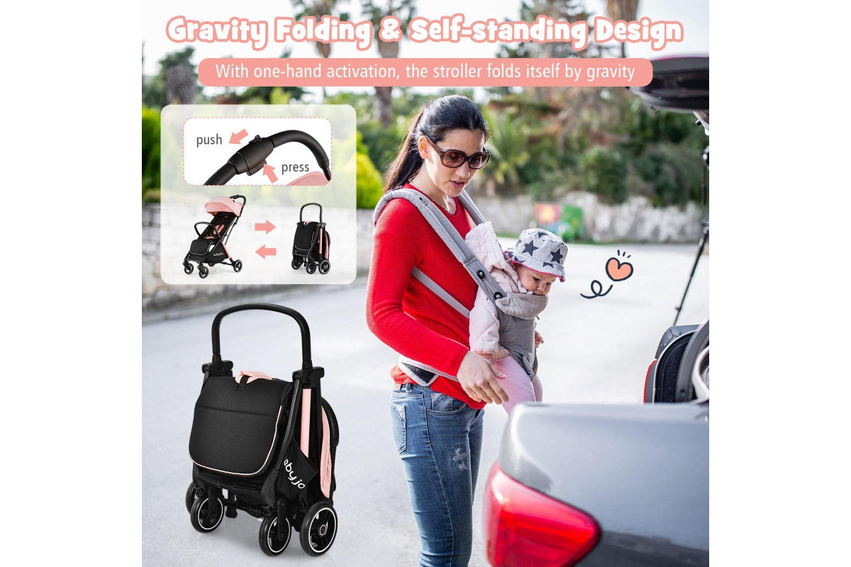 Costway Folding kid Stoller Portable kid Stroller w/Adjustable Canopy Gravity Self-Standing Pink