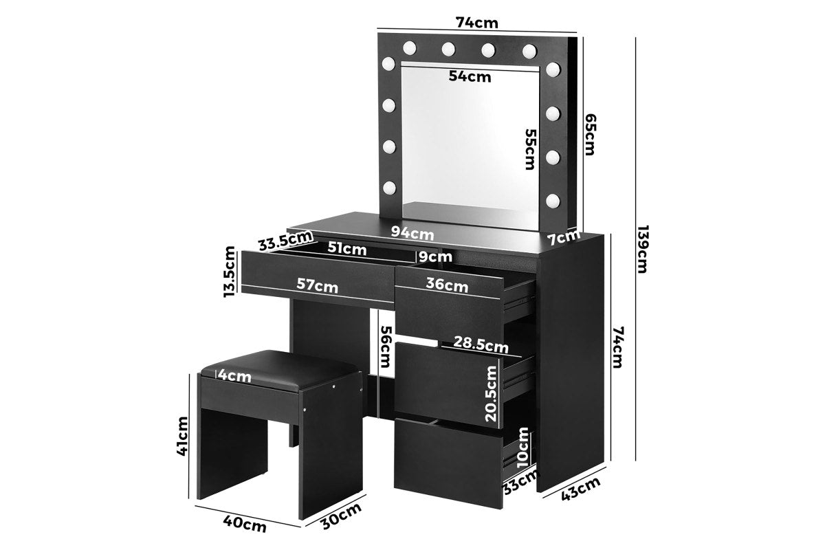 Oikiture Dressing Table Stool Set 12 LED Bulbs(Black)