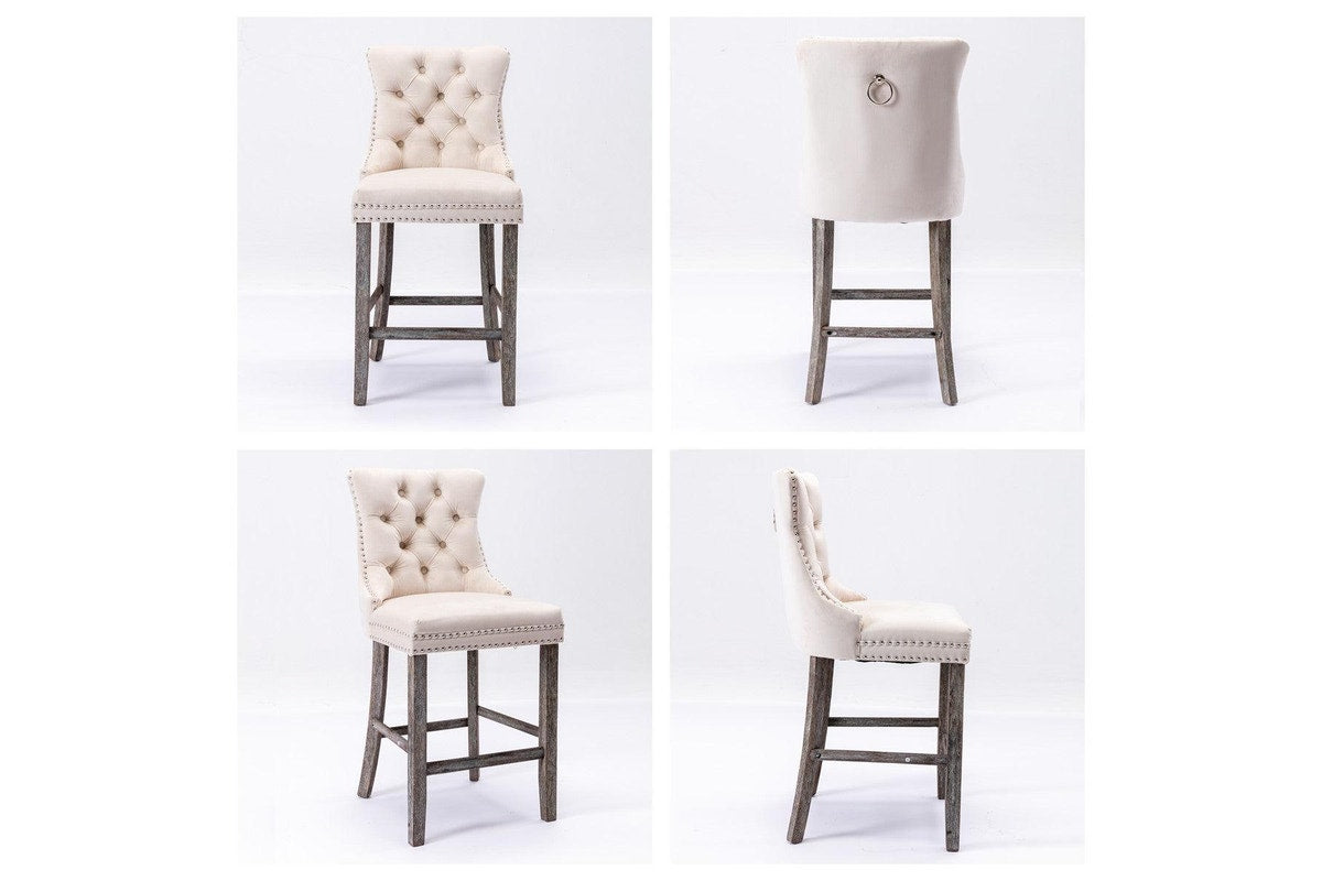 4X Velvet Bar Stools With Studs Trim Wooden Legs Tufted Kitchen Dining Chairs
