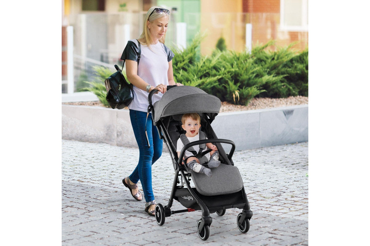 Costway Folding Stoller Portable Stroller w/Adjustable Canopy Gravity Self-Standing Dark Grey