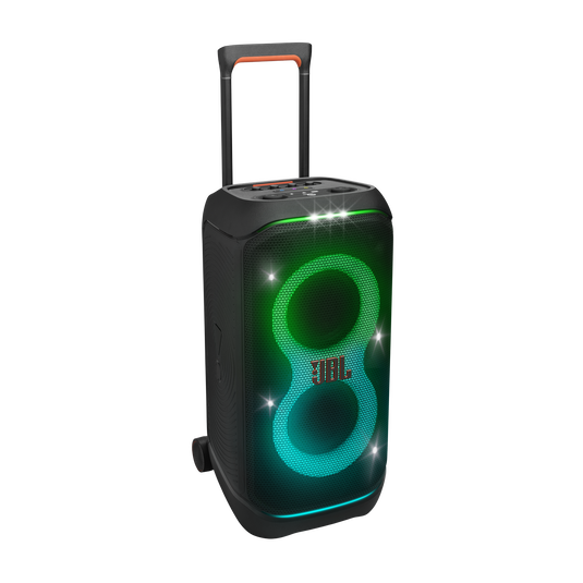 JBL PartyBox Stage 320 hero shot - black portable party speaker with LED lightshow
