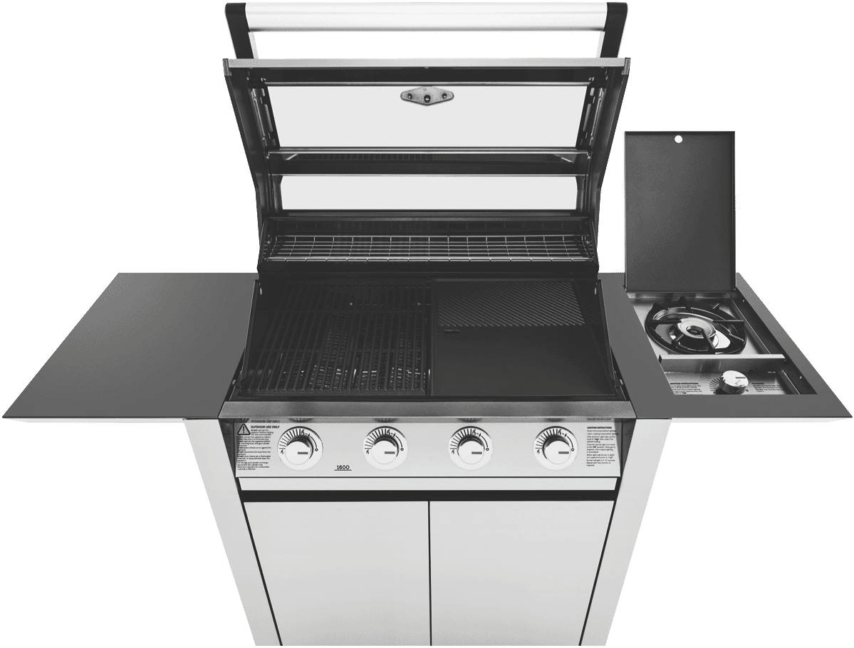 BeefEater 1600 Series Stainless Steel 4 Burner BBQ & Trolley w/ Side Burner, Cast Iron Burners & Grills - Layaway AU