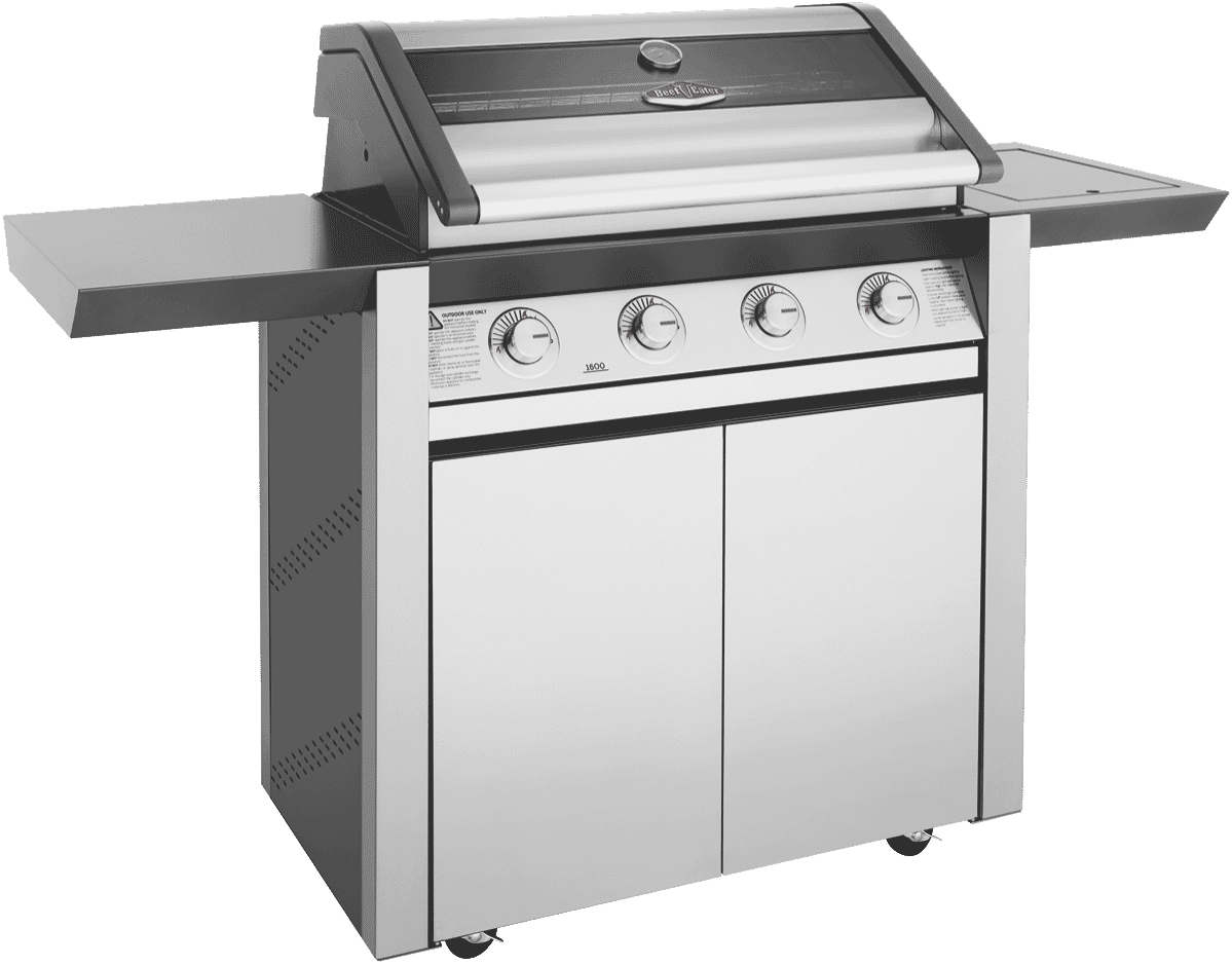BeefEater 1600 Series Stainless Steel 4 Burner BBQ & Trolley w/ Side Burner, Cast Iron Burners & Grills - Layaway AU