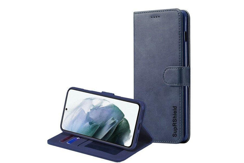 For Samsung Galaxy S22 SupRShield Wallet Leather Card Holder Flip Protective Shockproof Magnetic Case Cover (Navy Blue)