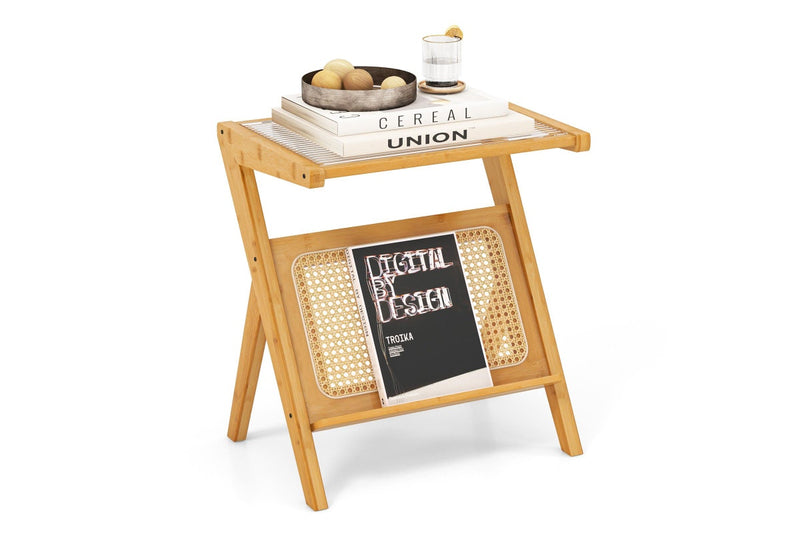 Giantex Boho Bedside Table Bamboo Nightstand Sofa Side Accent Table w/Glass Tabletop & Rattan Rack, Natural