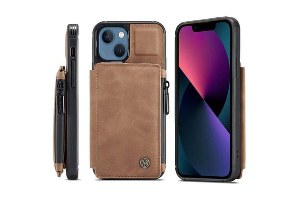 For Apple iPhone 13 Mini CaseMe Back Zipper Wallet Case W/ 3 Card Slots, RFID Blocking, 1 Money Pocket, Credit Card Holder Leather Cover (Brown)