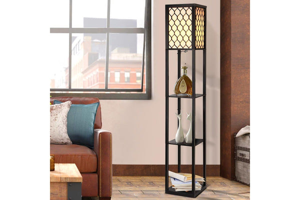 Artiss Floor Lamp 3 Tier Shelf Storage LED Light Stand Home Room Pattern Black