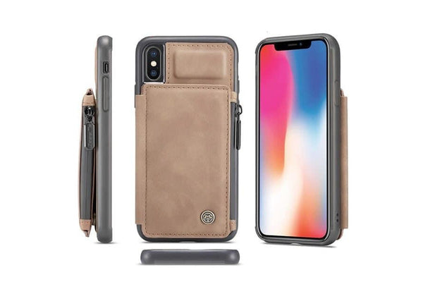 For Apple iPhone X / XS CaseMe Back Zipper Wallet Case W/ 3 Card Slots, RFID Blocking, 1 Money Pocket, Credit Card Holder Leather Cover (Brown)