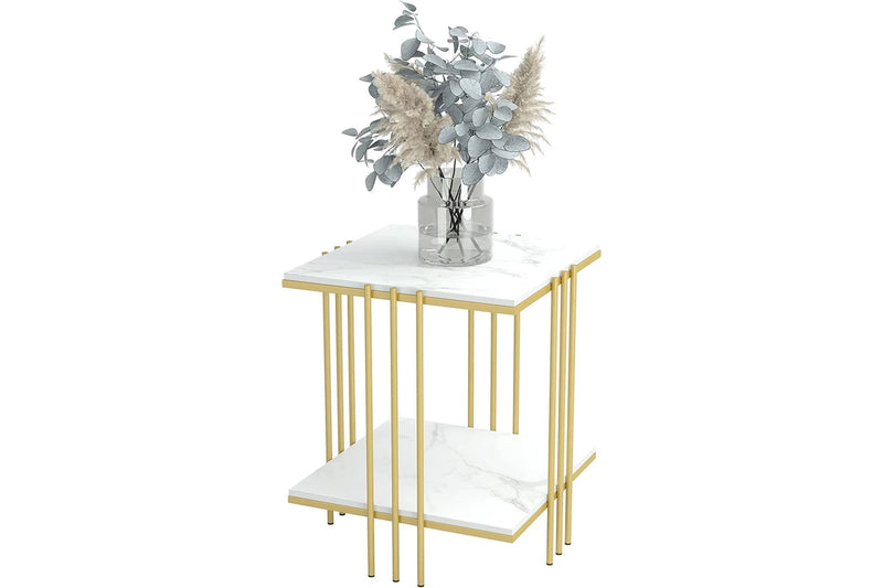 2 Tier Square Bedside table, Marble (Gold)