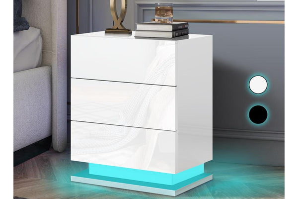 ALFORDSON Bedside Table - Zaim 3 Drawers LED Gloss Nightstand (White)