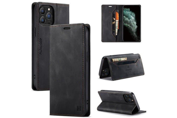 AutSpace For Apple iPhone 11 Pro Max Case RFID Blocking Retro Flip Premium Leather Card Holder Wallet Cover - Black