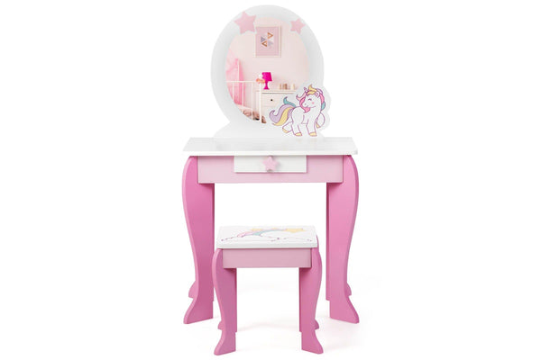 Giantex Kids Vanity Table & Chair Set Princess Makeup Dressing Table w/Mirror & Stool 2 in 1 Vanity Set Writing Desk