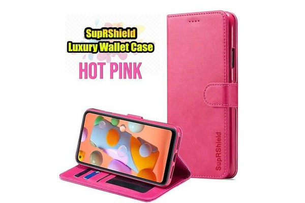 For Samsung Galaxy A11 Case, SupRShield Wallet Leather Flip Magnetic Stand Case Cover (Hot Pink)
