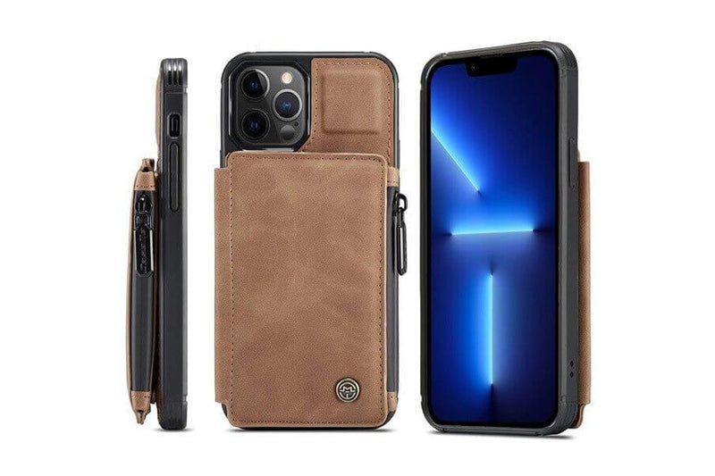 For Apple iPhone 13 Pro Max CaseMe Back Zipper Wallet Case W/ 3 Card Slots, RFID Blocking, 1 Money Pocket, Credit Card Holder Leather Cover (Brown)