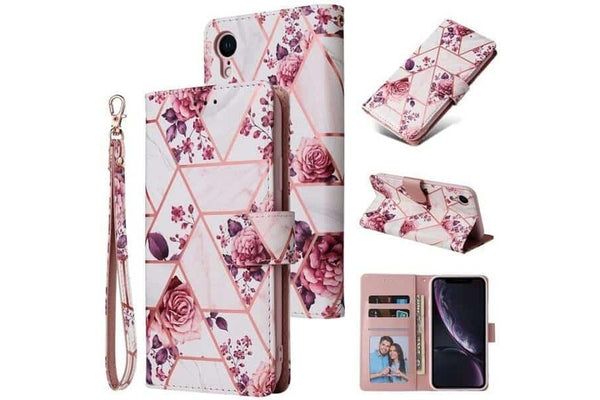 For Apple iPhone XR Case Marble Painting Pattern With Lanyard Flip Wallet Case Leather Card Slots Stand Cover (Rose Gold Gilding)