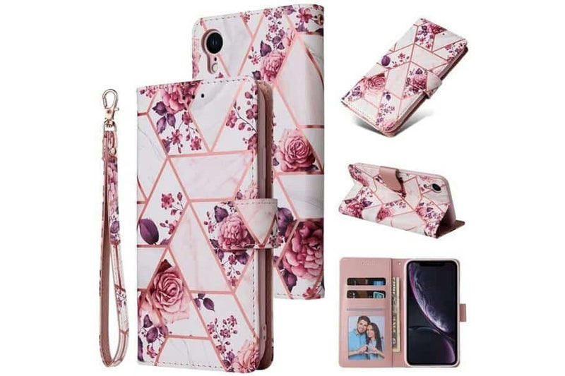 For Apple iPhone XR Case Marble Painting Pattern With Lanyard Flip Wallet Case Leather Card Slots Stand Cover (Rose Gold Gilding)