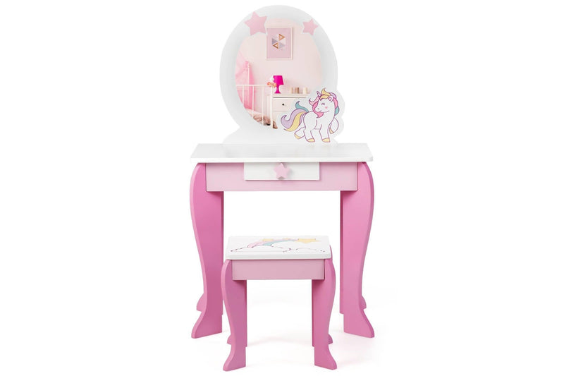 Costway Wooden Vanity Table Set Vanity Princess Makeup Dressing Table Set w/Mirror Pink