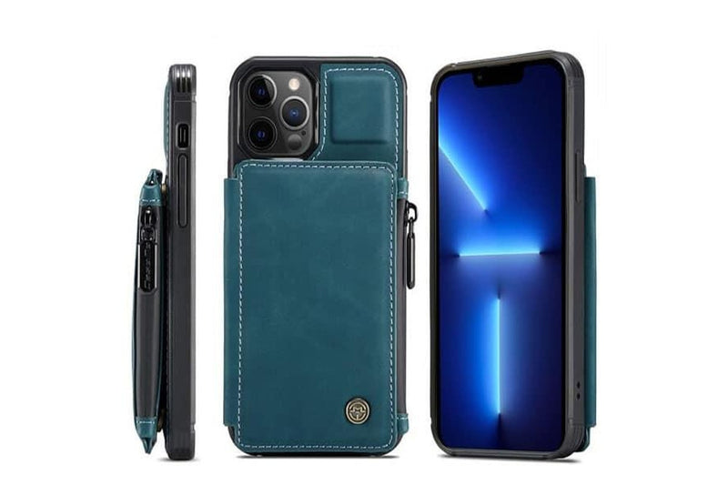 For Apple iPhone 13 Pro CaseMe Back Zipper Wallet Case W/ 3 Card Slots, RFID Blocking, 1 Money Pocket, Credit Card Holder Leather Cover (Teal Blue)