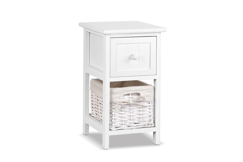 Artiss Bedside Table 1 Drawer with Basket Rustic White X2