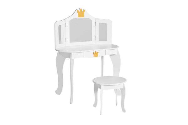 Keezi Kids Dressing Table Vanity Makeup Chair Set Wooden 3 Mirror Drawer White